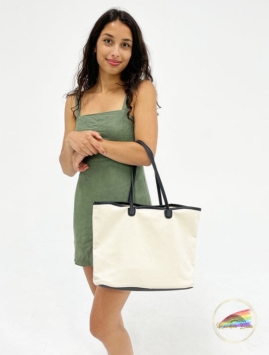 White Canvas Tote Bag - Black Handle