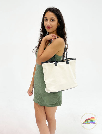 White Canvas Tote Bag - Black Handle