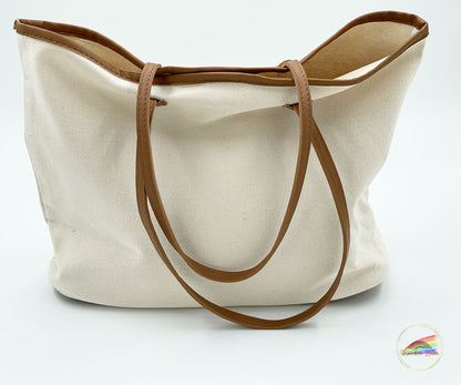 White Canvas Tote Bag - Brown Handle