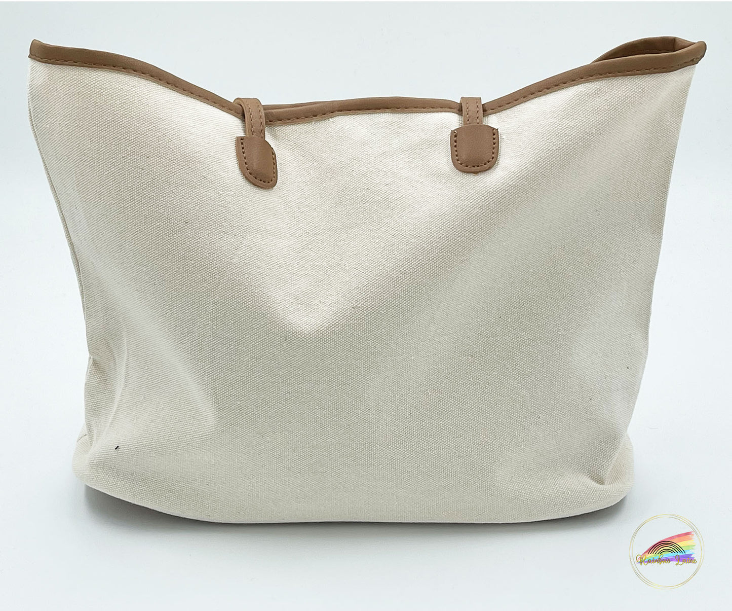 White Canvas Tote Bag - Brown Handle